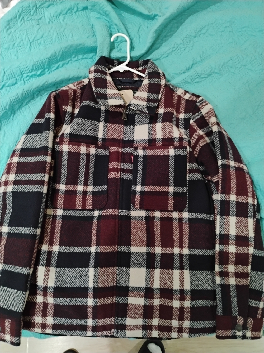 Levi's Men's Plaid Flannel Trucker Jacket - Burgundy and Navy Blue